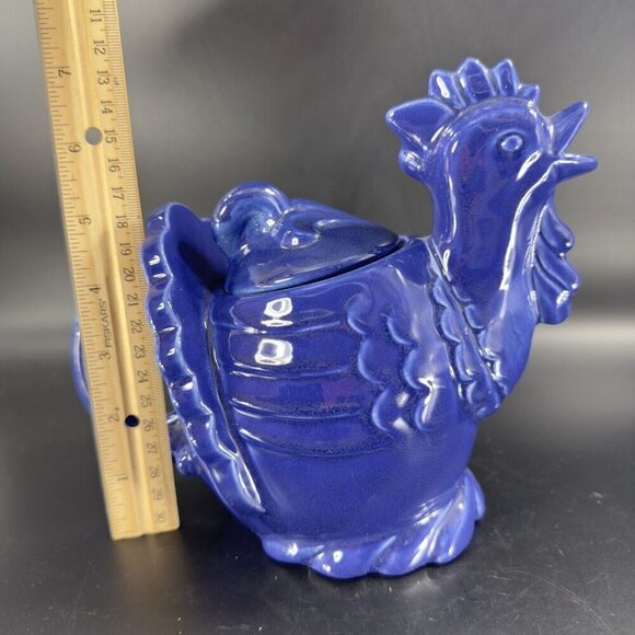 RED WING Pottery Cobalt Blue Hen Chicken Teapot Carafe USA Made Ceramic Vintage - Picture 3 of 16